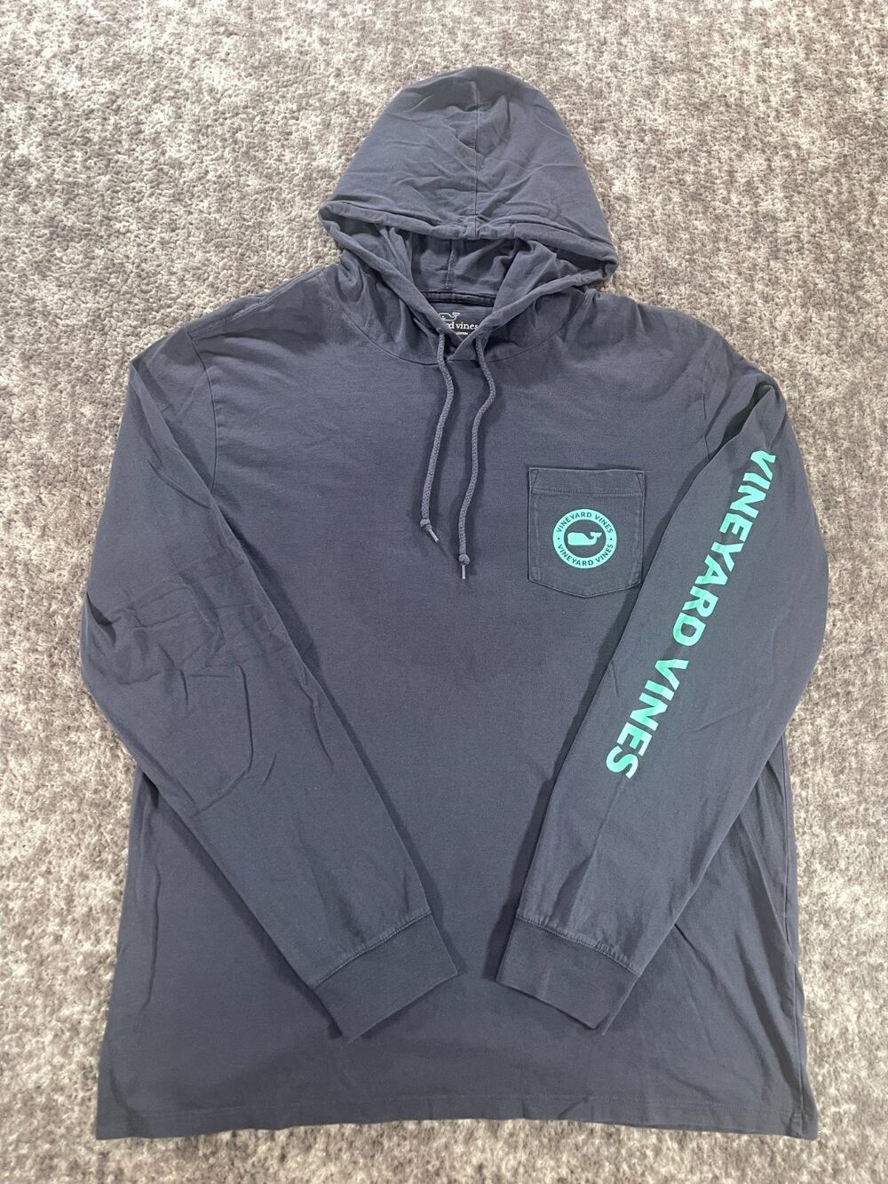 Vineyard Vines Men's Large Hooded Long Sleeve Whale Logo Navy Pocket Shirt
